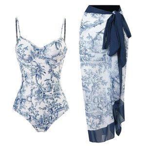 NEW Boho Vintage One Piece Swimsuit with Wrap Skirt.